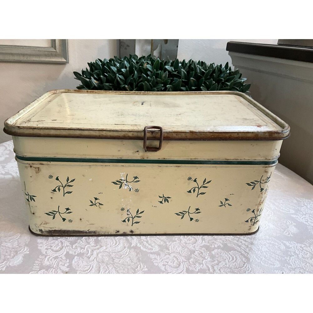 Vintage floral chippy painted bread box cookie tin Golden Cookies Cottagecore